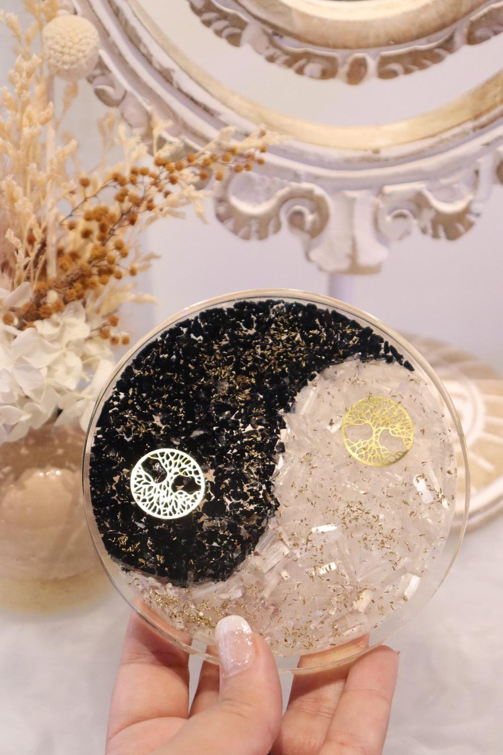 Orgonite Charging Plate | Selenite + Black Obsidian | Tree Of Life Symbol