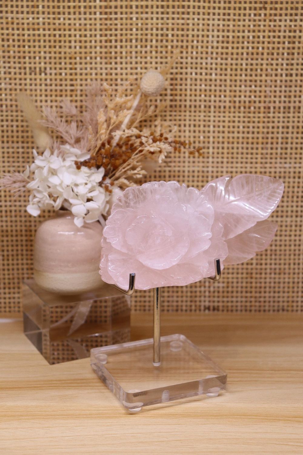 Rose Quartz Flower Carving On Stand | 448g