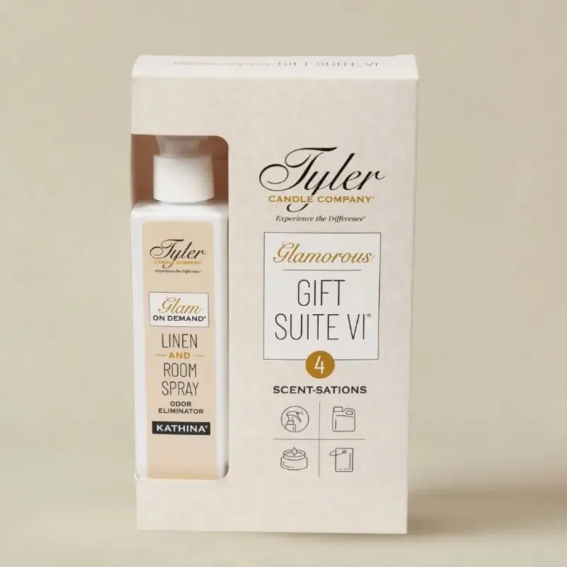 Tyler Gift Suite VI — Glam On Demand linen and room spray boxed gift set with four scent-sations
