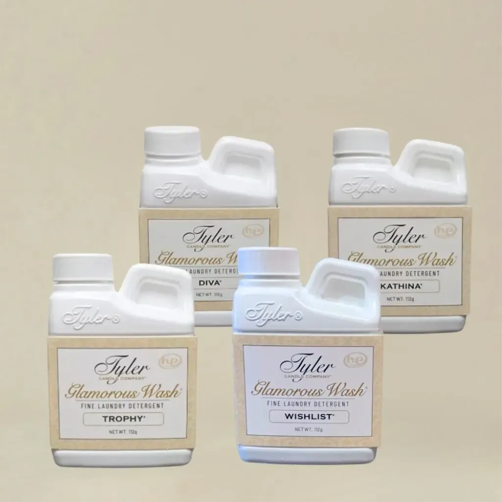 Tyler Glamorous Wash 4-pack – The Soft Glam Four featuring Diva, Kathina, Trophy, and Wishlist fine laundry detergent bottles