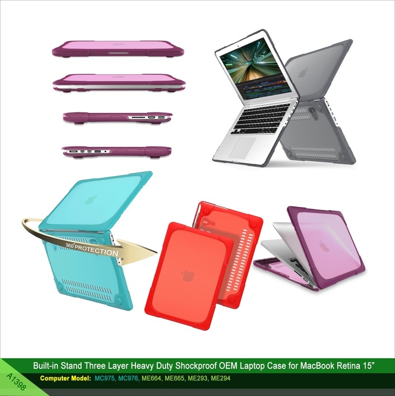 Built-in Stand Three Layer Heavy Duty Shockproof OEM Laptop PC Case for MacBook Retina 15” For -  MacBook Model A1398