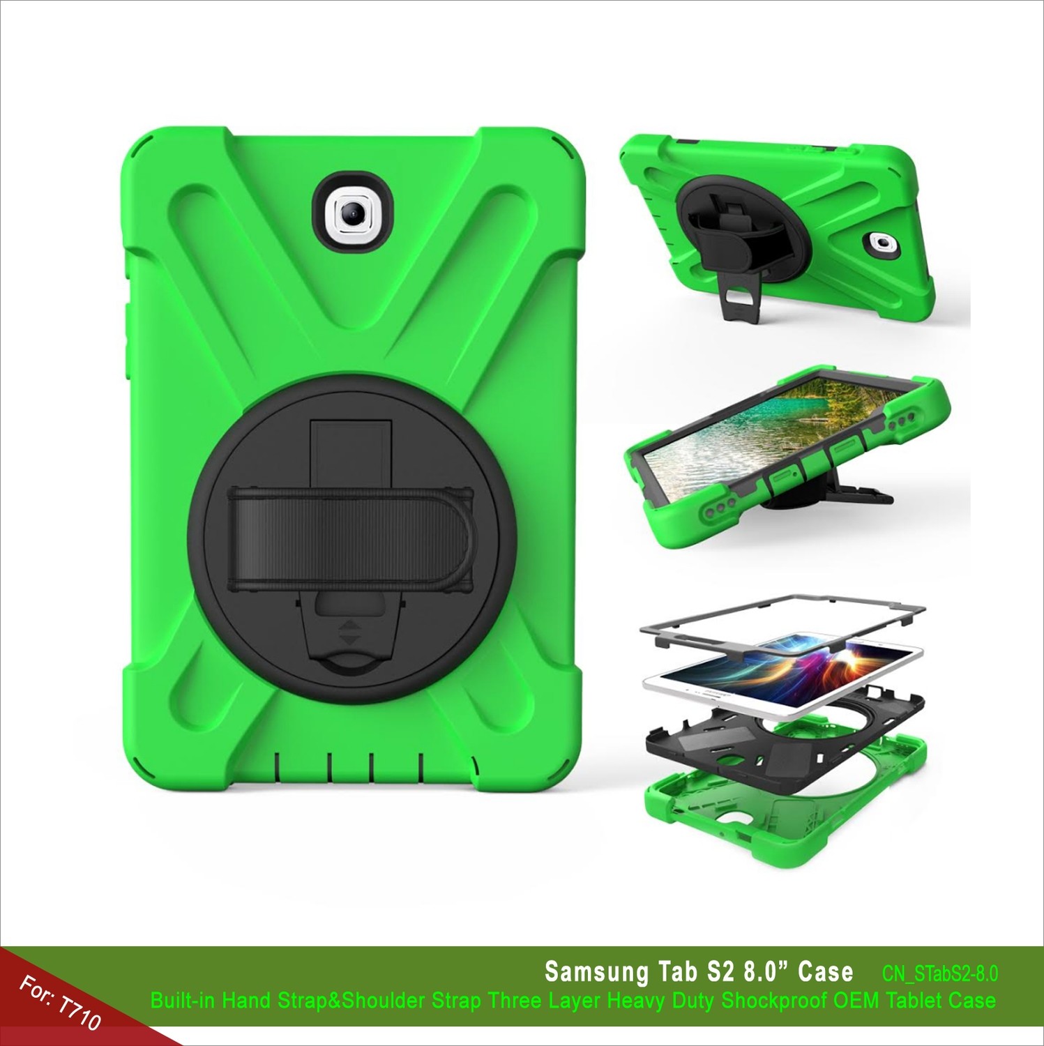 Built-in Hand Strap&amp;Shoulder Strap Three Layer Heavy Duty Shockproof OEM Tablet Case for Samsung Tab S2 8.0&quot; For: T710