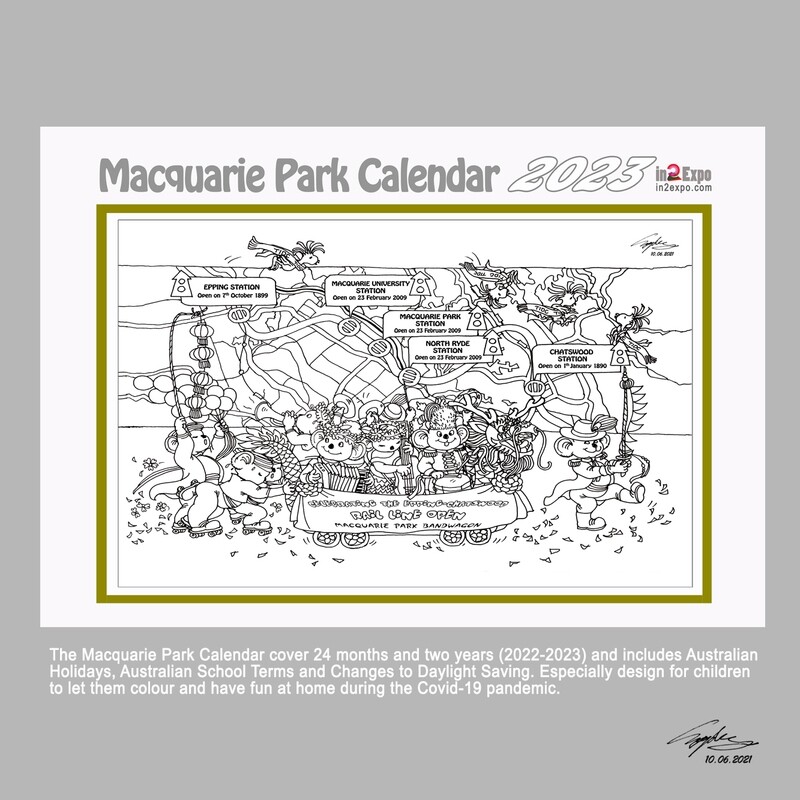 Macquarie Park Colouring Cartoon eCalendar(2) 2023 - Free for Kids Colouring