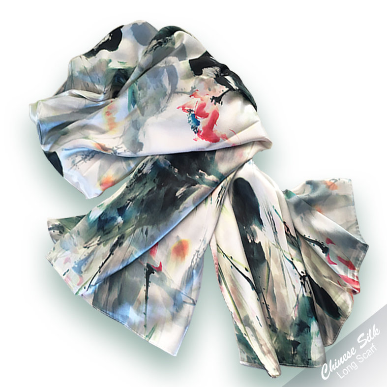 Chinese Meigu Painting Silk Long Scarf