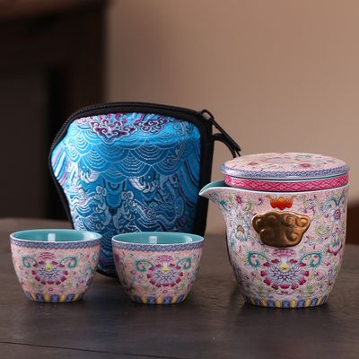 Enamel Traveling Tea Set with Fortune Rose