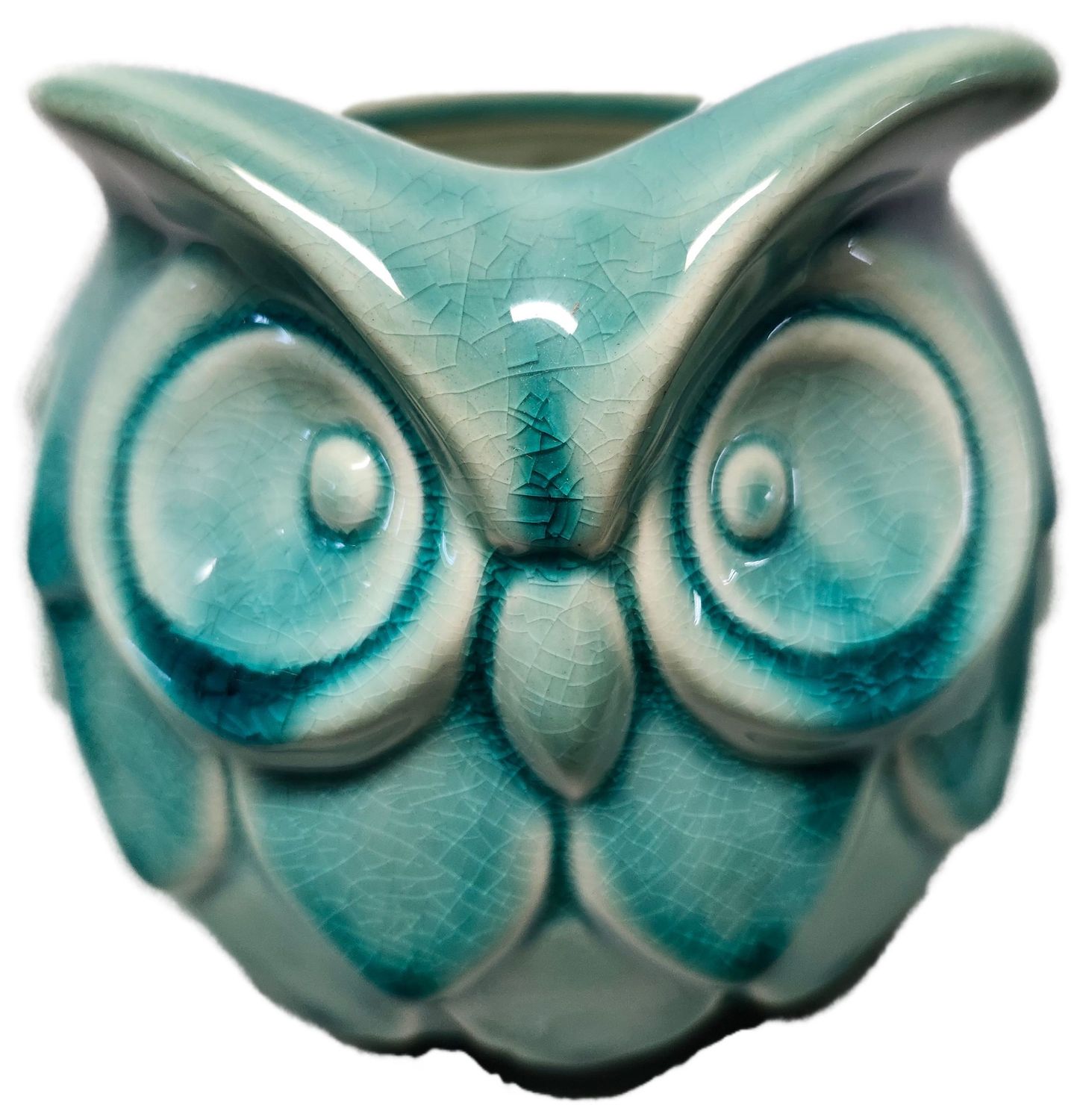 CERAMIC OWL POT 3X4&quot; - GREEN CRACKLE