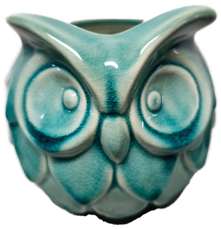 CERAMIC OWL POT 3X4&quot; - GREEN CRACKLE