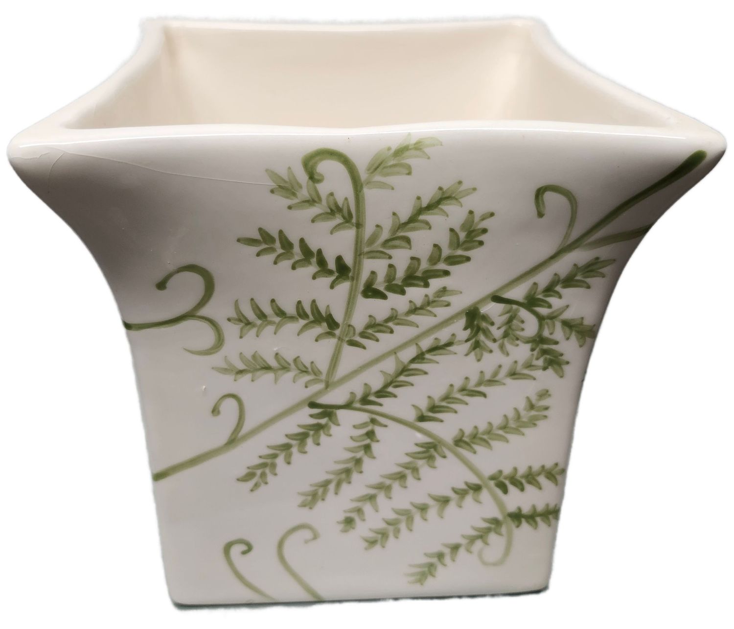 SQUARE CERAMIC VASE - CREAM/GREEN FOILAGE