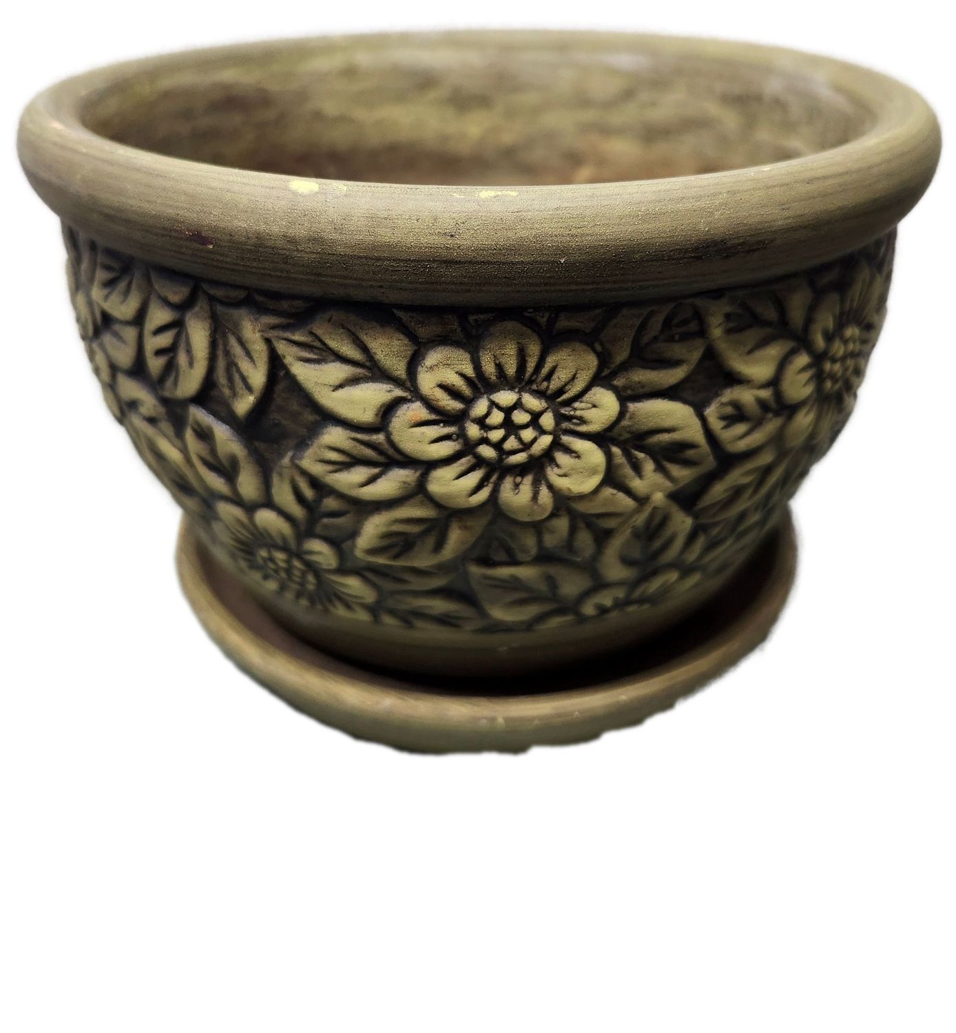 CERAMIC POT 6&quot;  W/DRAIN - GREEN FLOWERS