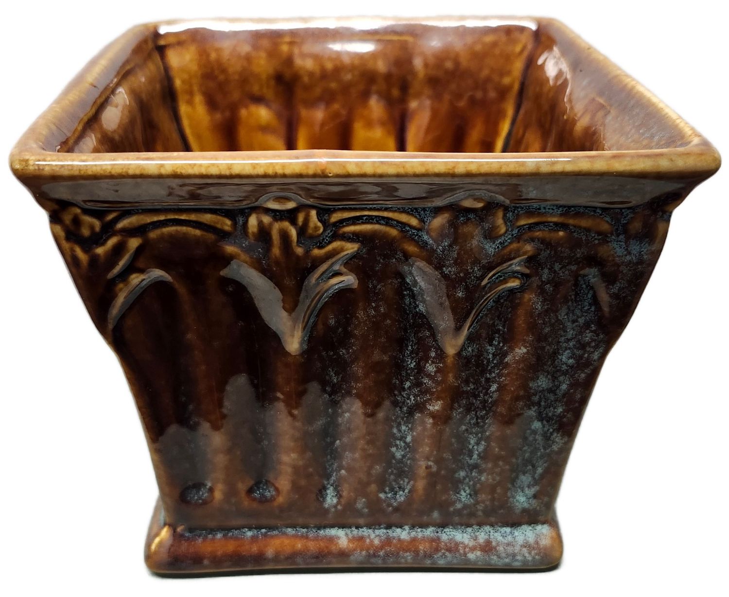 SQUARE CERAMIC POT 6&quot; NO DRAIN - BROWN GLAZE