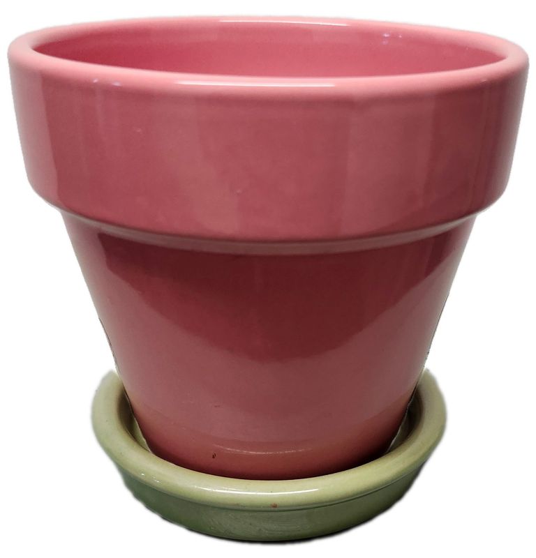 CERAMIC POT 4&quot; W/DRAIN - PINK &amp; GREEN