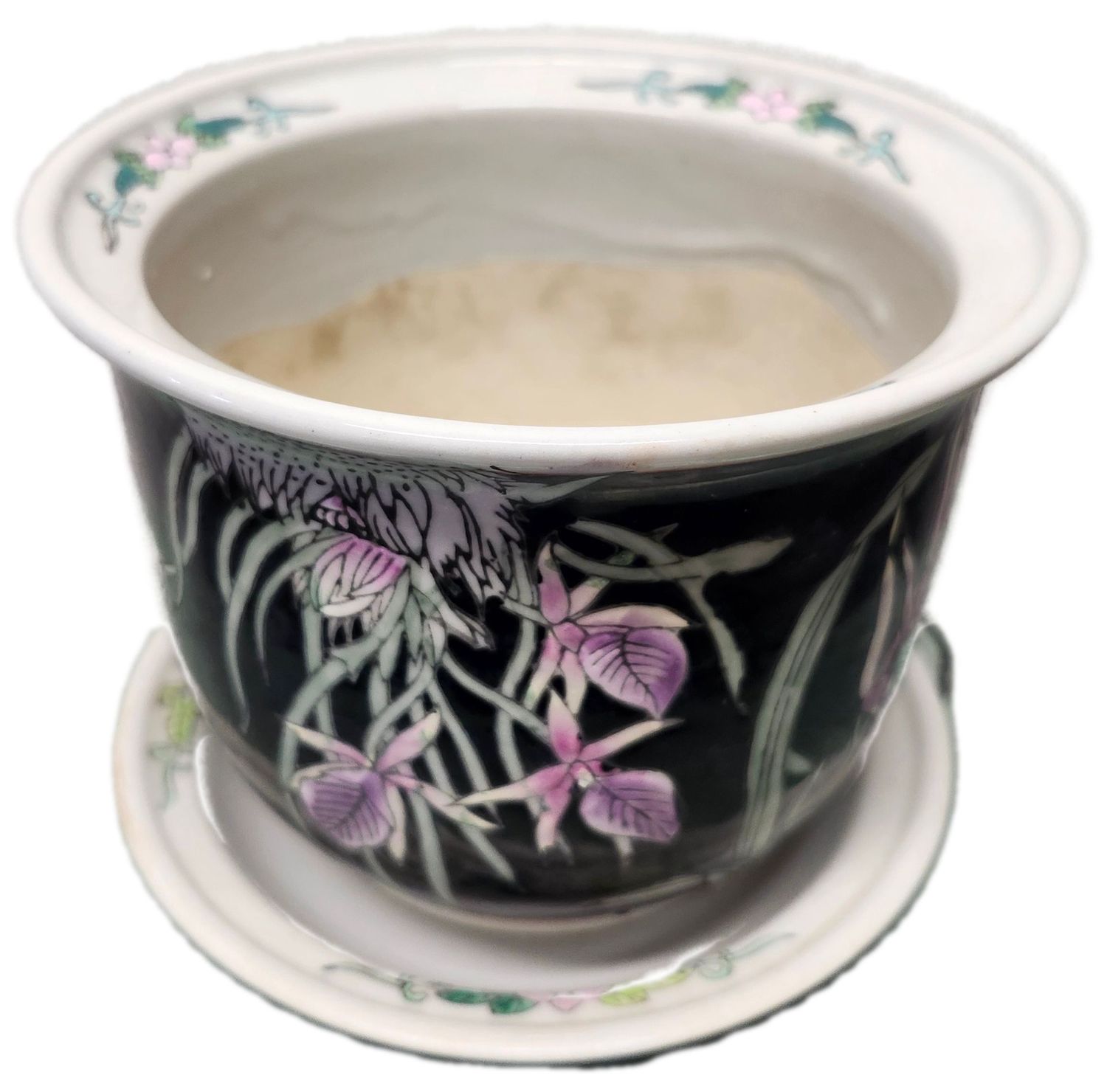 CERAMIC POT W/SAUCER 6&quot; - BLACK CHINESE