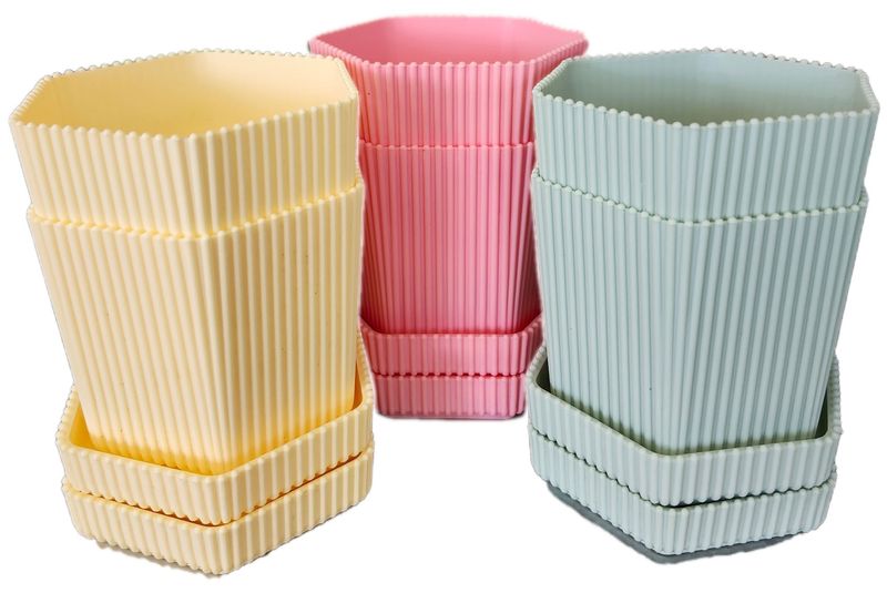 PLASTIC HEXAGON POT W/SAUCER 3" - ASST