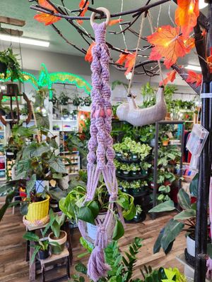 MACRAME PLANT HANGER 27&quot; - PURPLE BEADED PINK