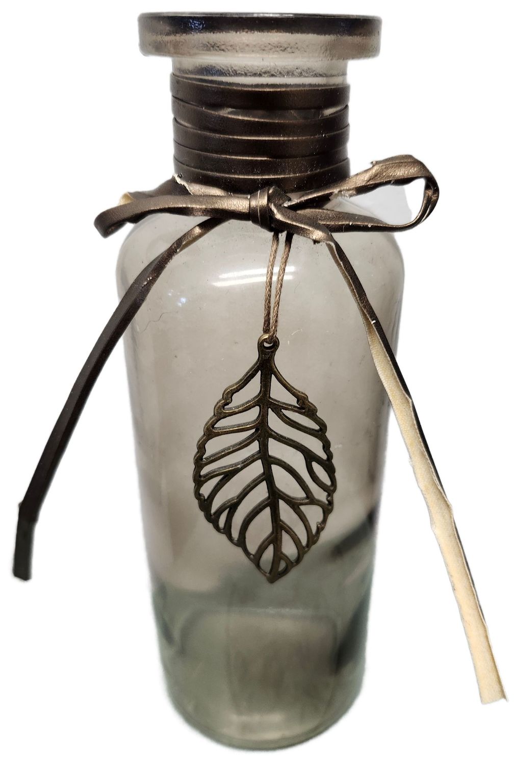 GLASS VASE 9&quot; - CLEAR SMOKE W/LEAF