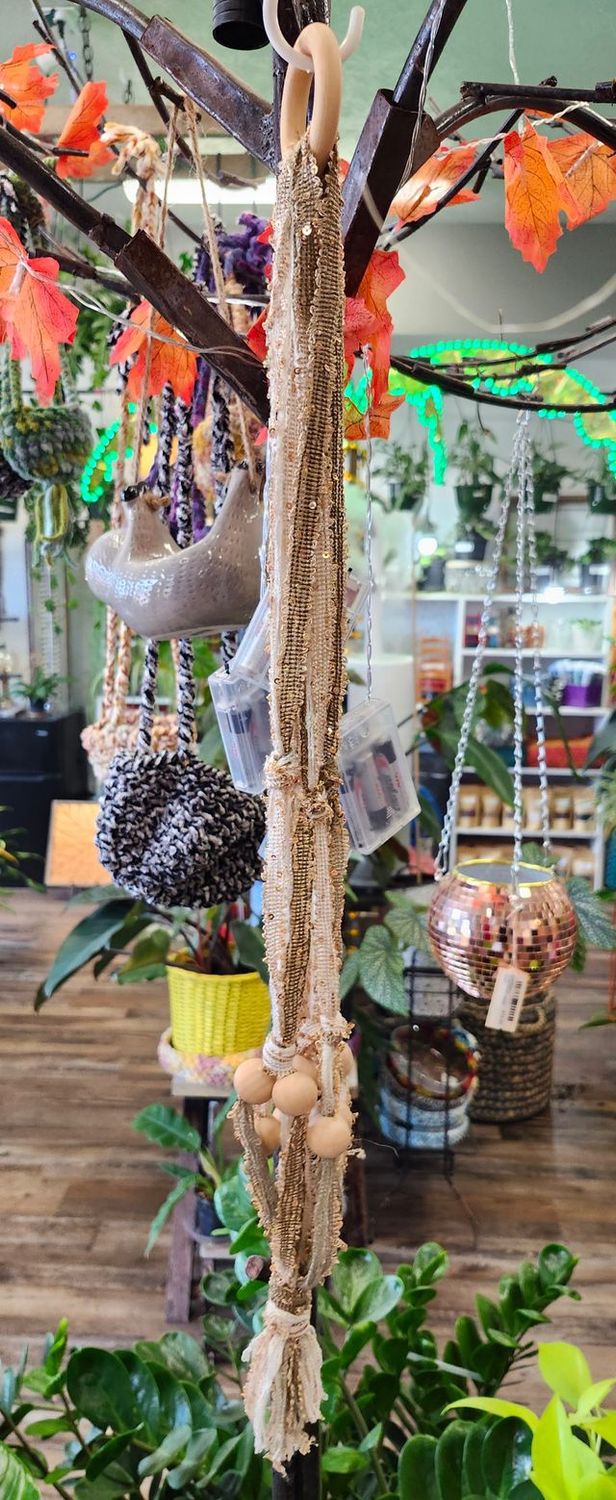 MACRAME PLANT HANGER 24&quot; - GOLD/NATURAL BEADED