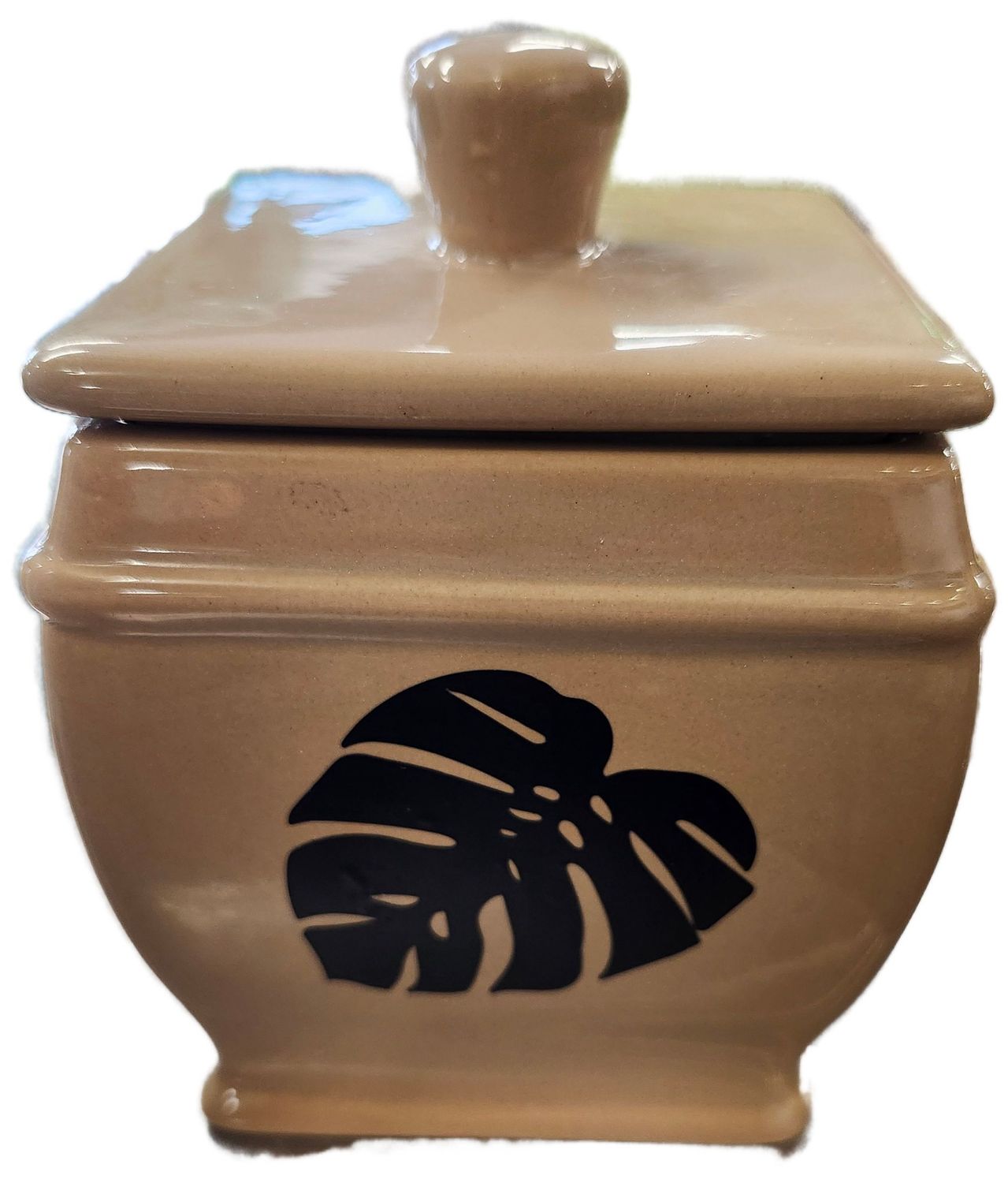 CERAMIC POT 5&quot; W/LID - TAN LEAF