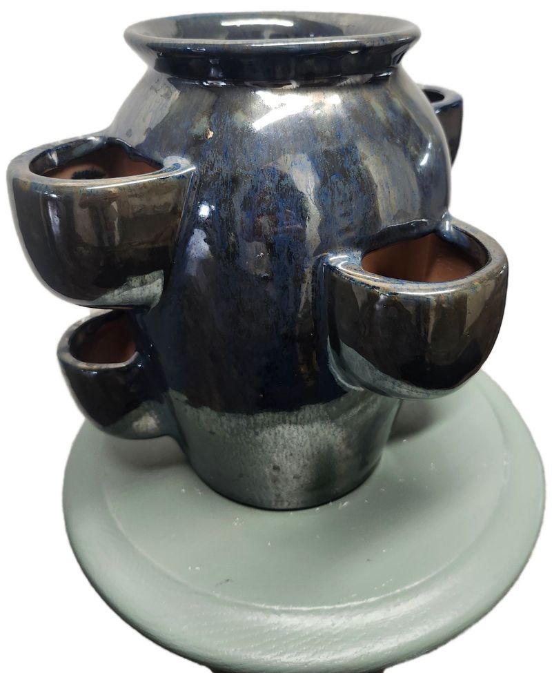 CERAMIC STRAWBERRY POT 10&quot; - SHINY BLUE