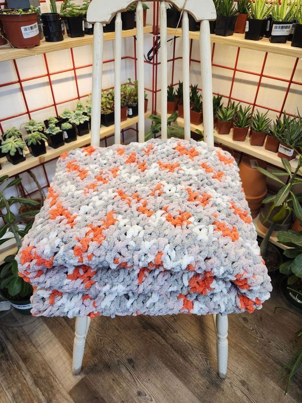 CROCHET LAP BLANKET &quot;GREY/PURPLE/ORANGE&quot;