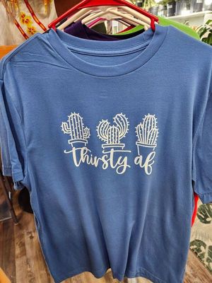 PLANT-TEE &quot;THIRSTY AF&quot; - LARGE BLUE UPCYCLED