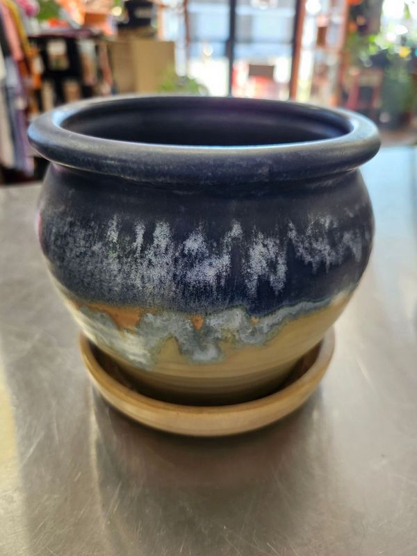 CERAMIC POT W/DRAIN 6&quot; - BLUE GLAZE
