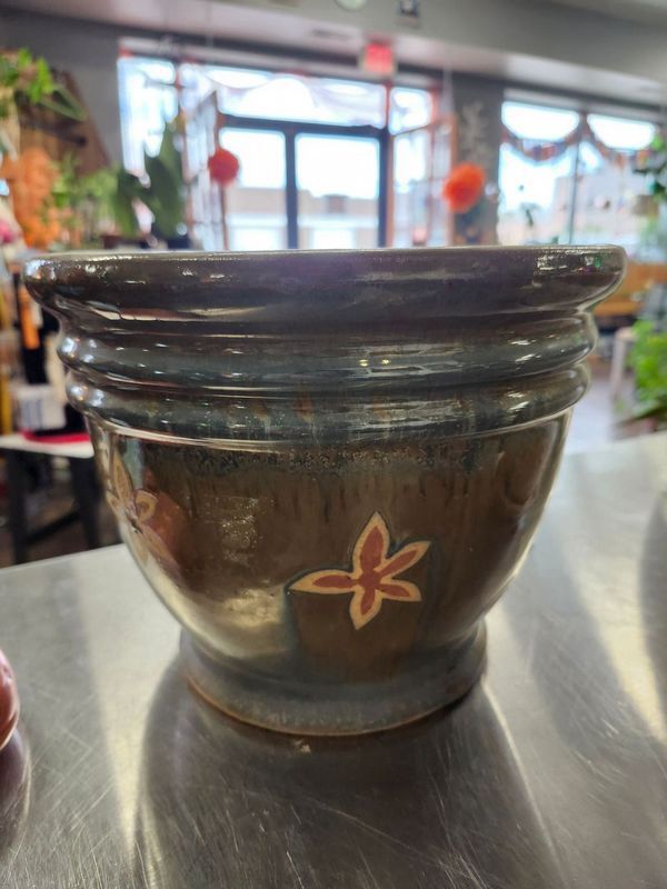 CERAMIC POT W/DRAIN 10&quot; - BLUE GLAZE FLOWERS