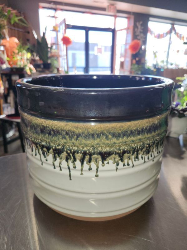 CERAMIC POT W/DRAIN 12&quot; - BLUE/WHITE GLAZE