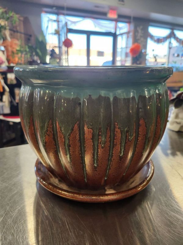 CERAMIC POT W/DRAIN 10&quot; - TEAL/COPPER