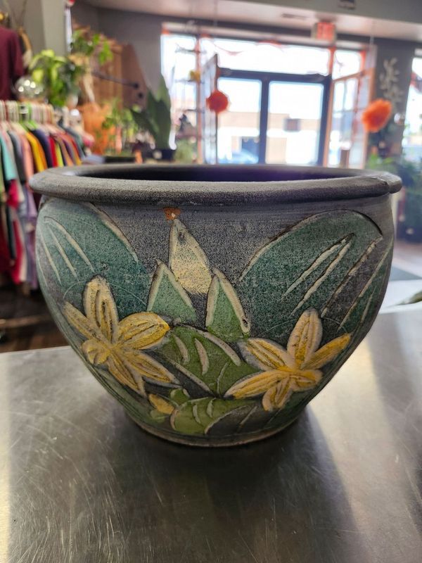 CERAMIC POT 12&quot; W/DRAIN - GRASS FLOWERS