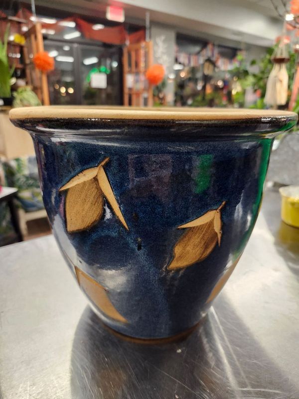 CERAMIC POT W/DRAIN 10&quot; - BLUE ACORNS