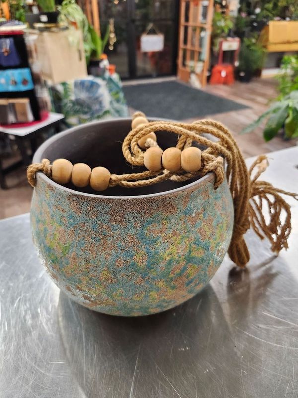 HANGING CERAMIC POT 7&quot; - TEXTURED TEAL