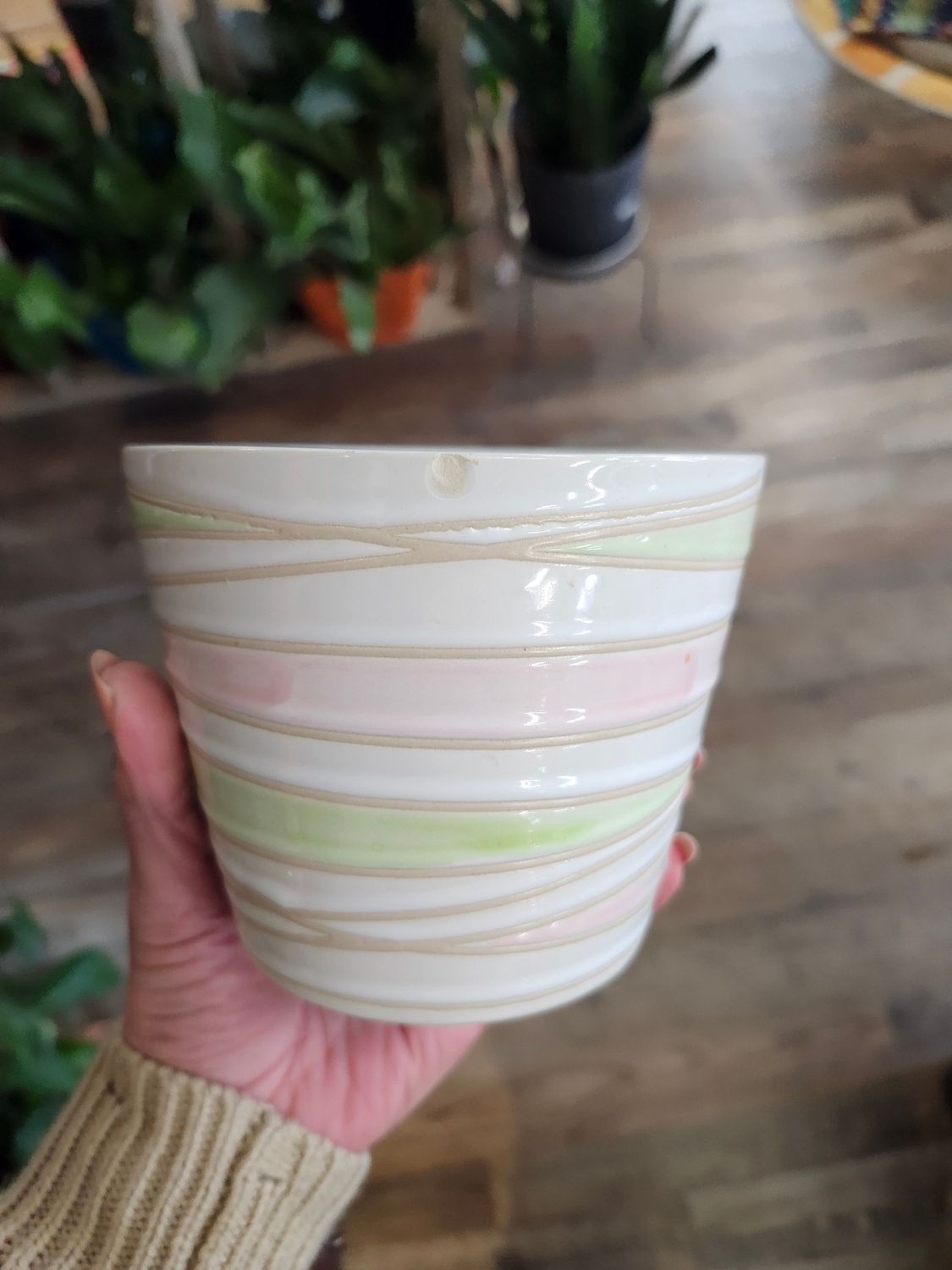 CERAMIC POT 5&quot; - PINK/GREEN
