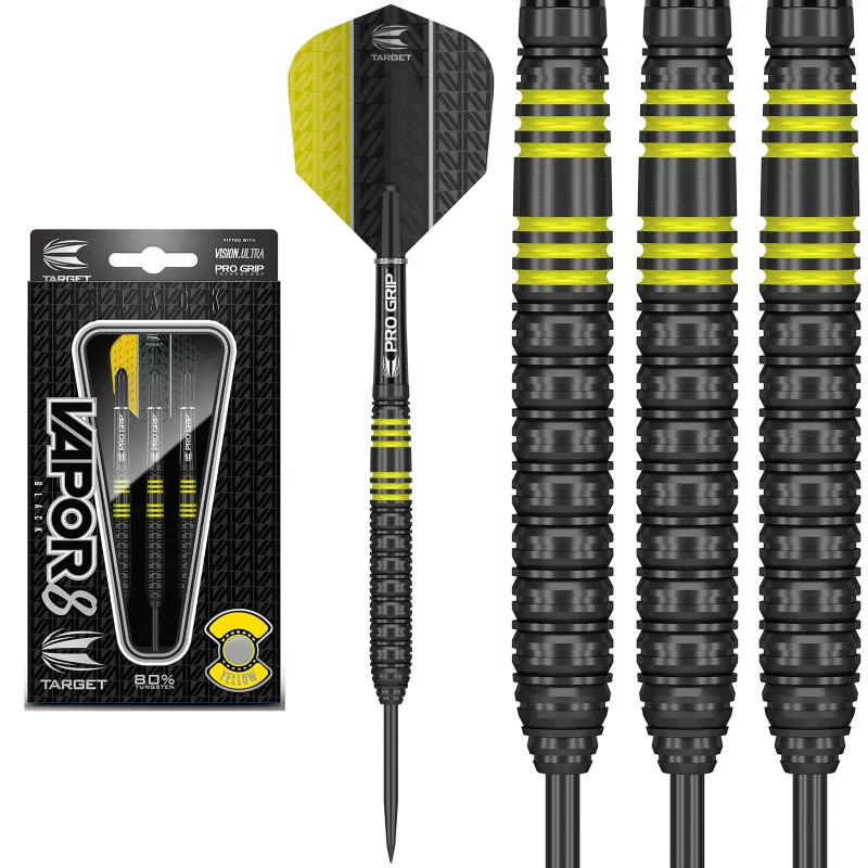 VAPOR 8 BLACK WITH YELLOW RINGS STEEL TIP DARTS BY TARGET - VAPOR8