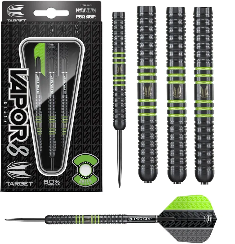 VAPOR 8 BLACK WITH GREEN RINGS STEEL TIP DARTS BY TARGET - VAPOR8