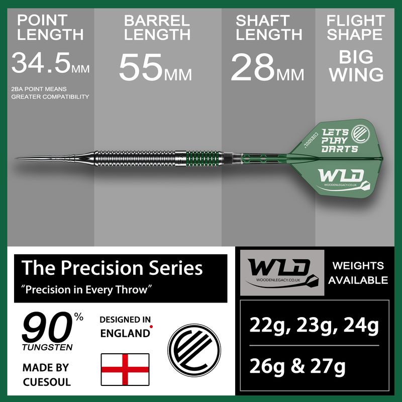 WLD GREEN PRECISION SERIES DARTS 90% TUNGSTEN (Steel 2BA Point 34.5mm)