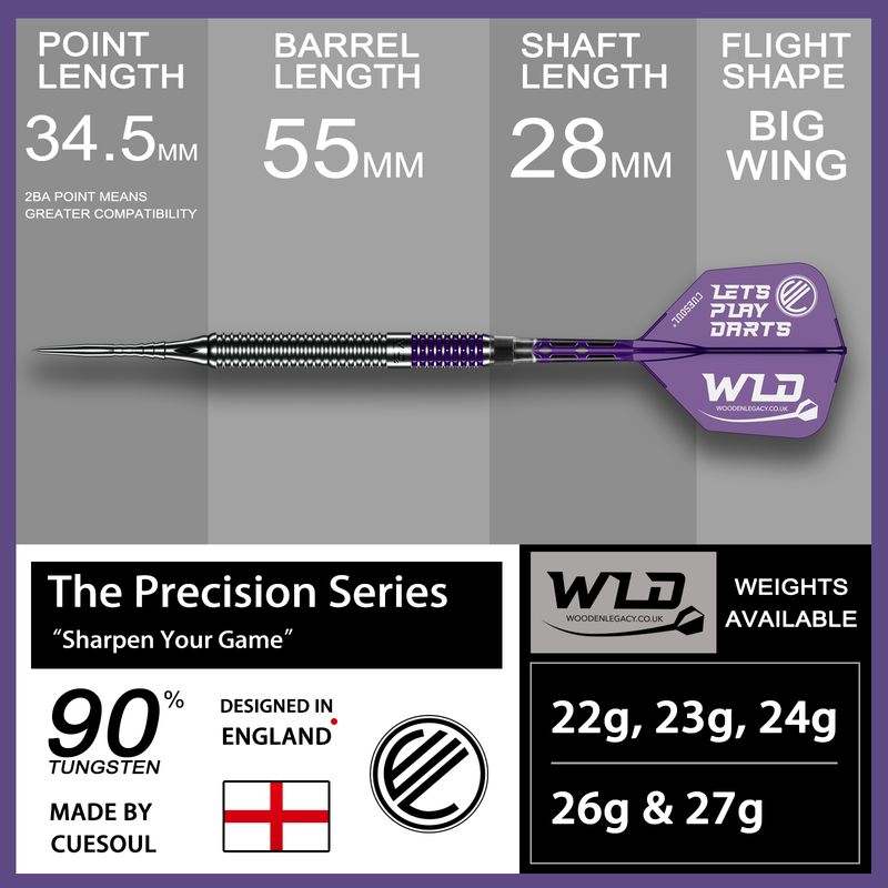 WLD PURPLE PRECISION SERIES DARTS 90% TUNGSTEN (Steel 2BA Point 34.5mm)