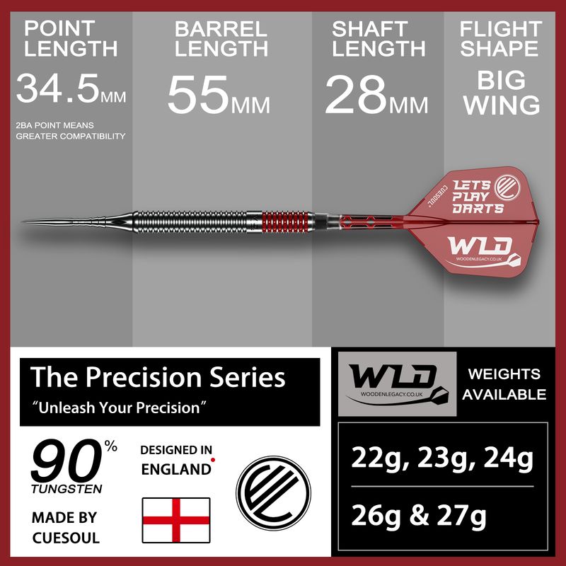 WLD RED PRECISION SERIES DARTS 90% TUNGSTEN (Steel 2BA Point 34.5mm)