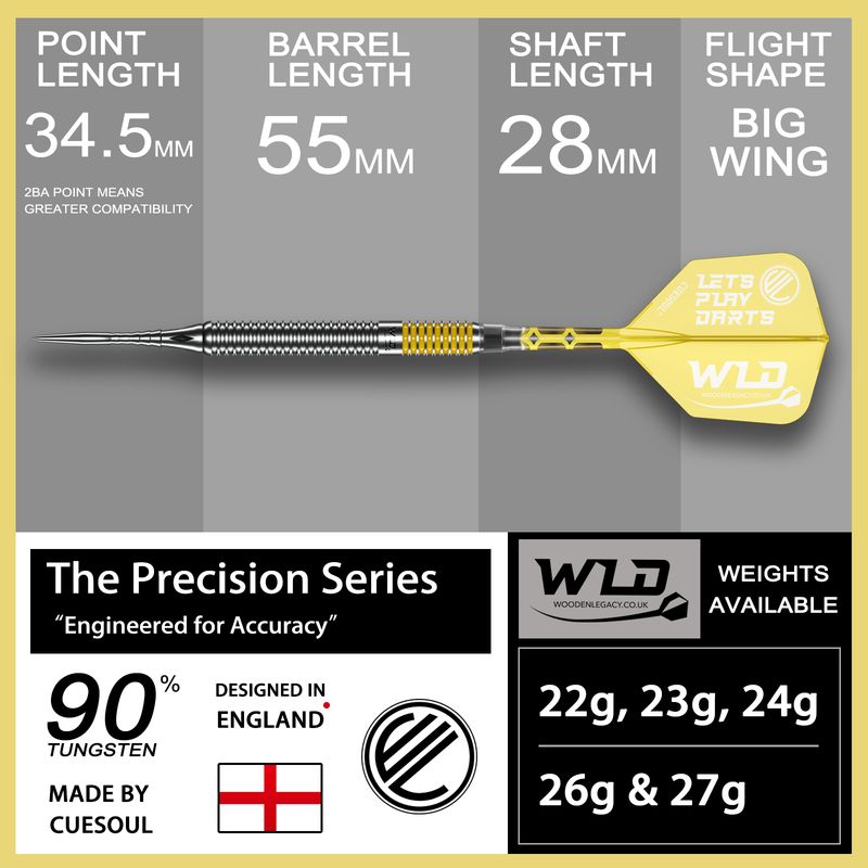 WLD YELLOW PRECISION SERIES DARTS 90% TUNGSTEN (Steel 2BA Point 34.5mm)