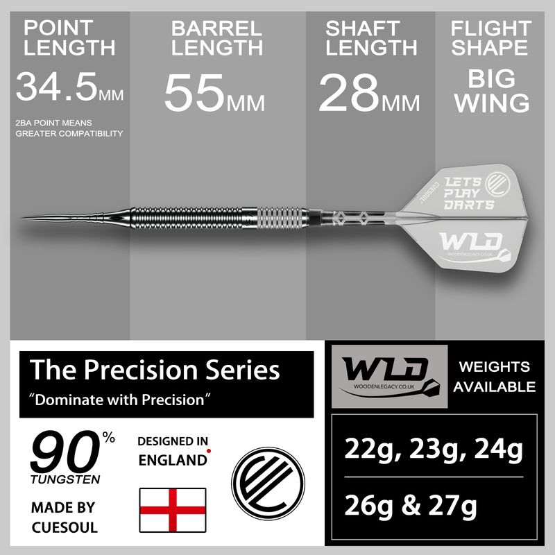 WLD WHITE PRECISION SERIES DARTS 90% TUNGSTEN (Steel 2BA Point 34.5mm)