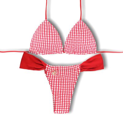 Conjunto de Bikini Vichy Rojo | Top Lua + Tanga Gali