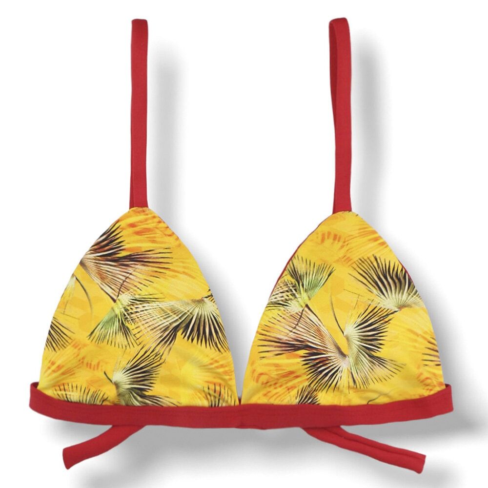 Top Jade Tropical Yellow | Carmine Red Details | Fixed Triangle String Bikini Top | Bra Style with Tie Back | Adjustable Straps | Removable Padding