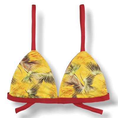 Top Jade Tropical Yellow | Carmine Red Details | Fixed Triangle String Bikini Top | Bra Style with Tie Back | Adjustable Straps | Removable Padding