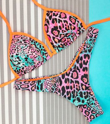 Animal Print Mixed Bikini set with Neon Orange Combination | Mara Top + Eva Thong