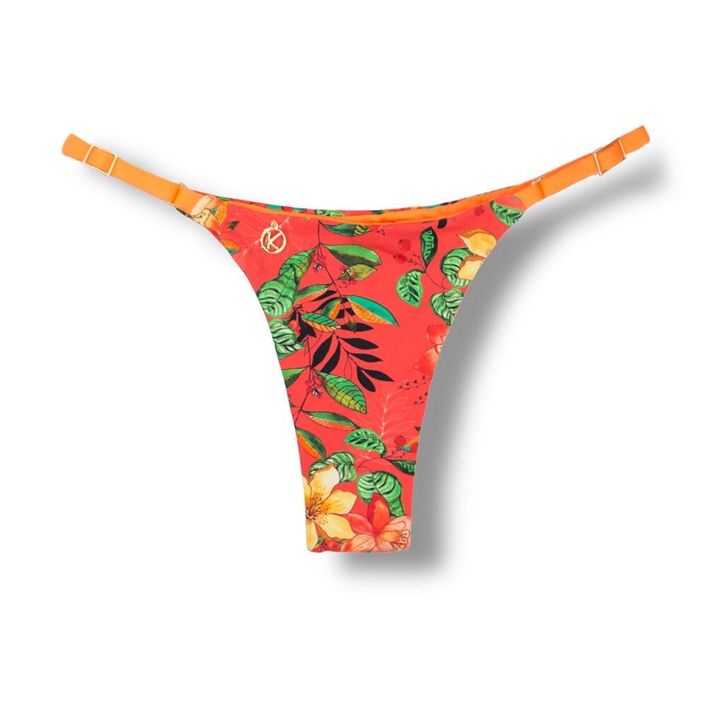 Tanga Mia Floral Coral | Bikini estampado | Semi alambre | Correa fina ajustable | Marca de cinta | Detalle de Naranja Neón