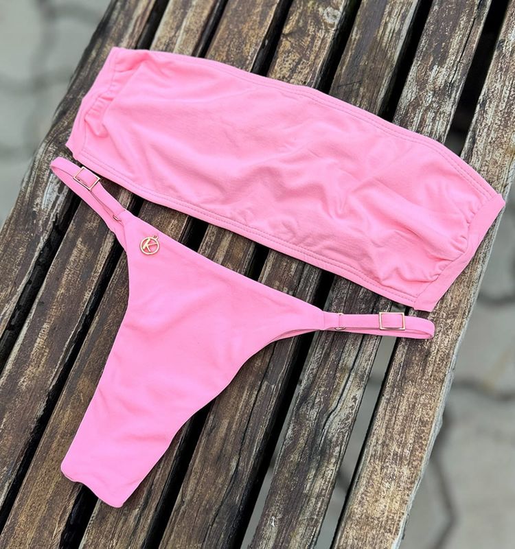 Conjunto Bikini | Top Strapless, Tanga Tira Fina Ajustable | Bikini Brasileño | Tela Rosa Yogur | Faixa y Mia KiniBi