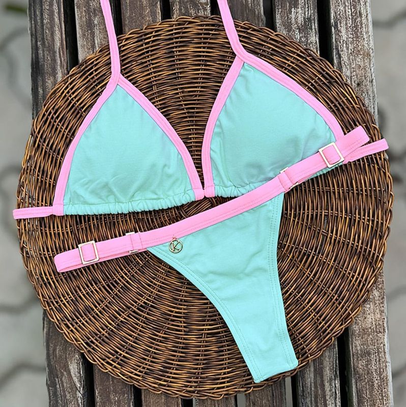 Conjunto de Biquinis Verde Menta - Bicolor | Mara Top + Tanga Fany