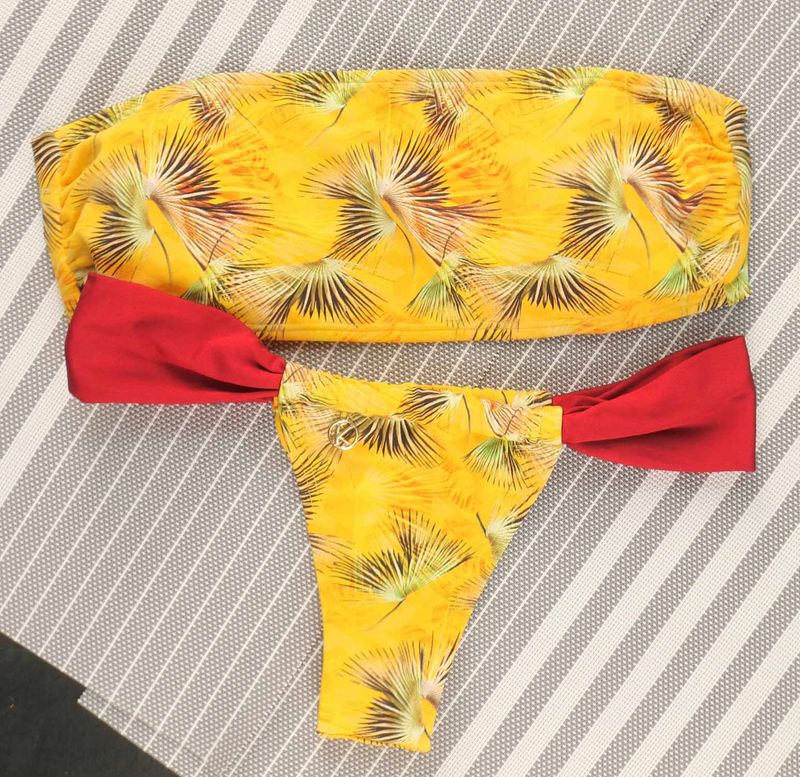 Bikini Set | Strapless Bandeau Top &amp; Slide Bikini Bottom | Brazilian Bikini | Tropical Yellow Print | Bandeau &amp; Gali KiniBi