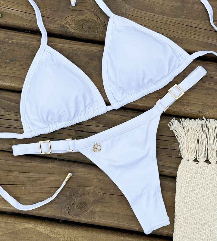 Conjunto de Bikini | Top Triángulo y Tanga Hilo Dental Fina | Bikini Brasileño | Tela Blanco | Mara y Eva KiniBi