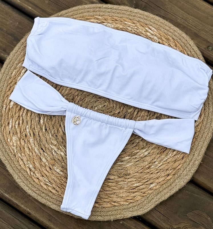 Bikini Set | Strapless Bandeau Top &amp; Slide Bikini Bottom | Brazilian Bikini | White Print | Bandeau &amp; Gali KiniBi