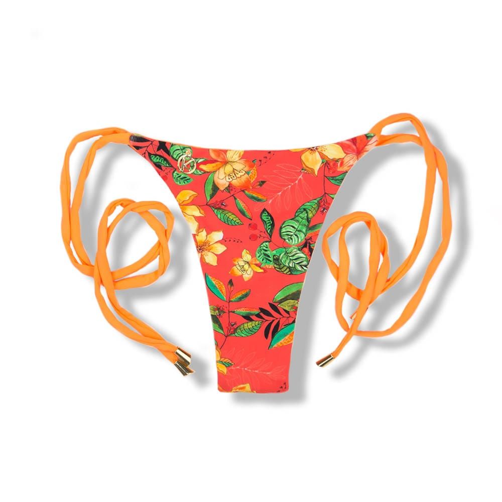 Cora Floral Coral Thong | Reversible Neon Orange | Thin Bow